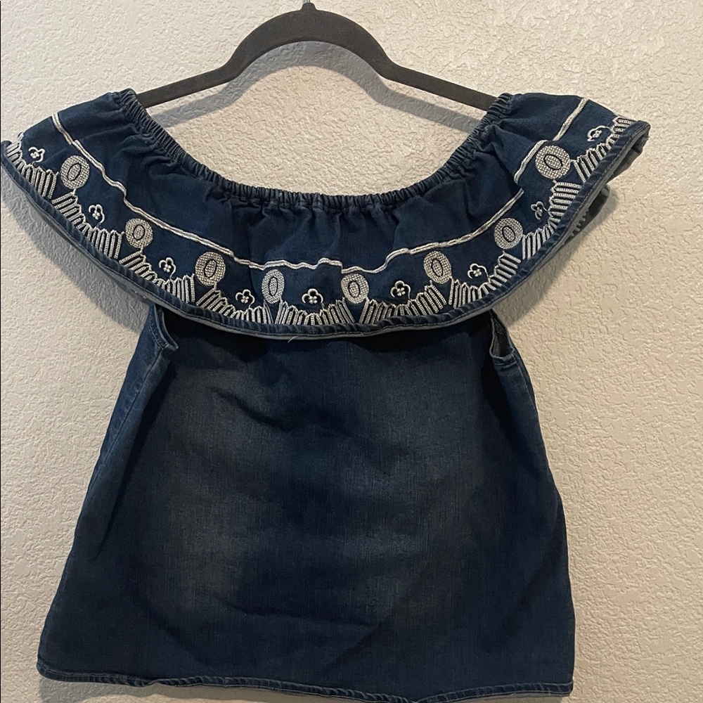 Navy Embroidered Off-Shoulder Blouse
